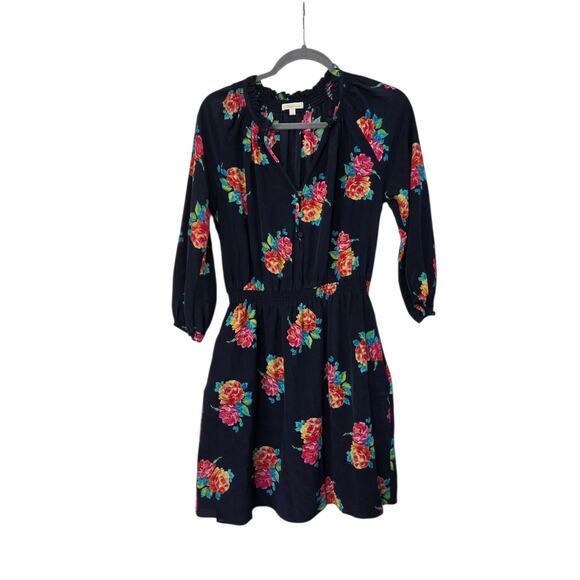 Shoshanna Teagan Vibrant Smocked 100% Silk 3/4 Sleeve Navy Mini Dress, Size 4 - Picture 1 of 15